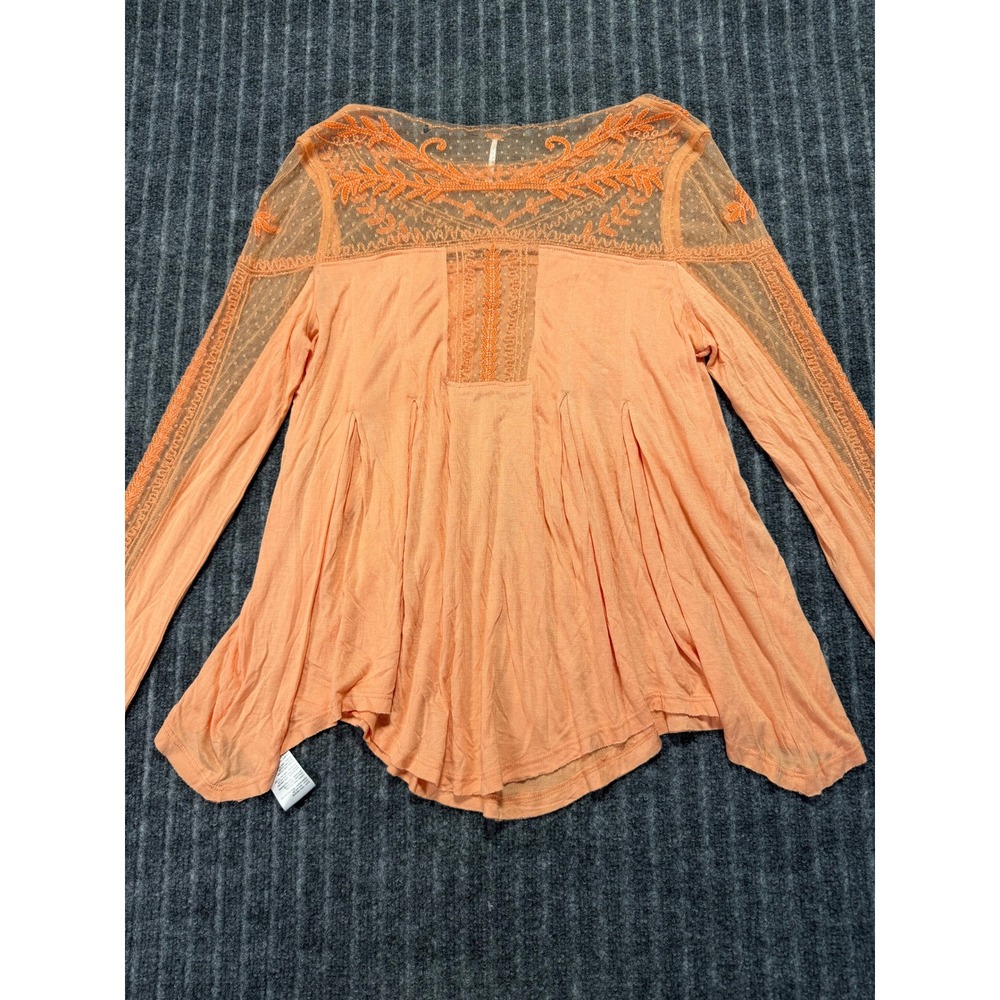 Free People Flowy Boho Blouse Medium Lightweight Long Sleeve Mesh Floral - Picture 2 of 6